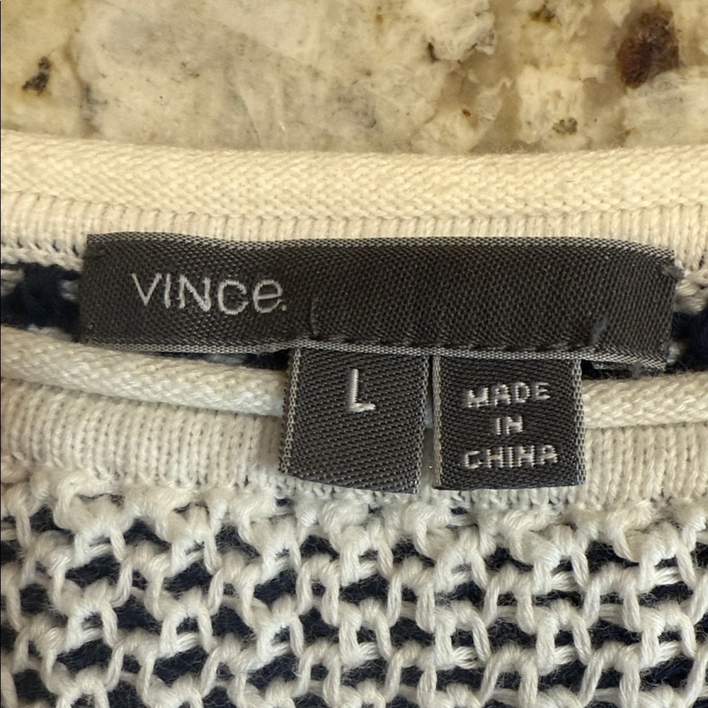 Vince Open Knit Colorblock Cotton Sweater Size L Blue Ivory - Picture 3 of 9